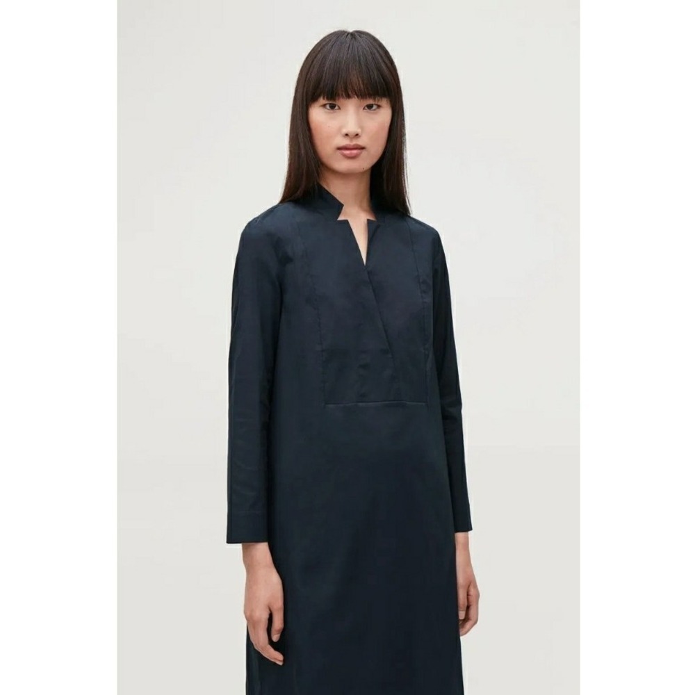 COS Lapel Neck Dress Size 6 V-Neck Navy‎ Blue Midi Long Sleeve Cotton Stretch